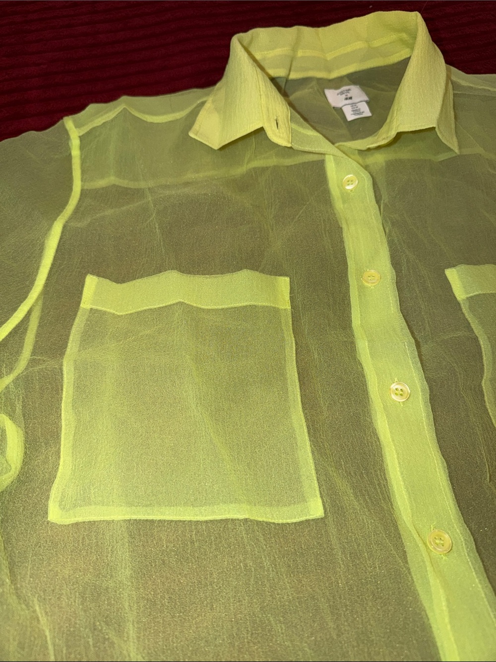 Justine Skye x H&M Sheer Neon Yellow Short-Sleeve Button-Up Shirt - Picture 5 of 6